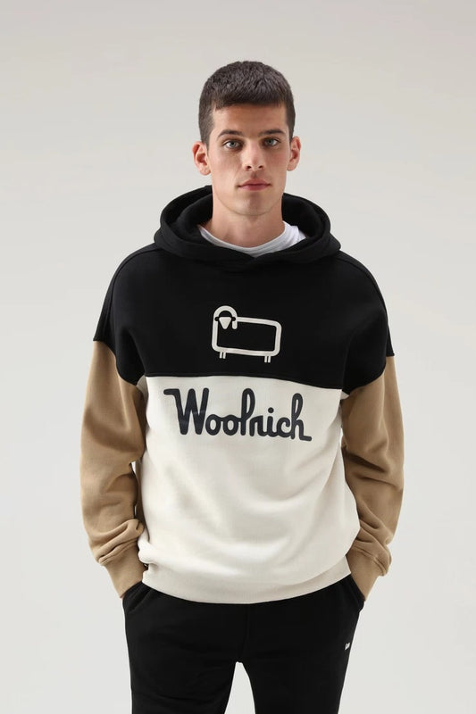 WOOLRICH - Felpa Color Block con cappuccio e logo stampato