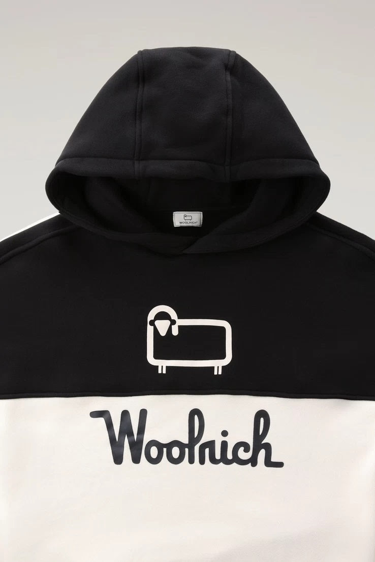 WOOLRICH - Felpa Color Block con cappuccio e logo stampato